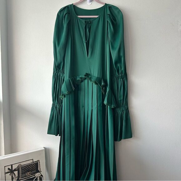 KHAITE Cara Pleated Stepped-Hem Satin Dress in Green - Picture 5 of 16